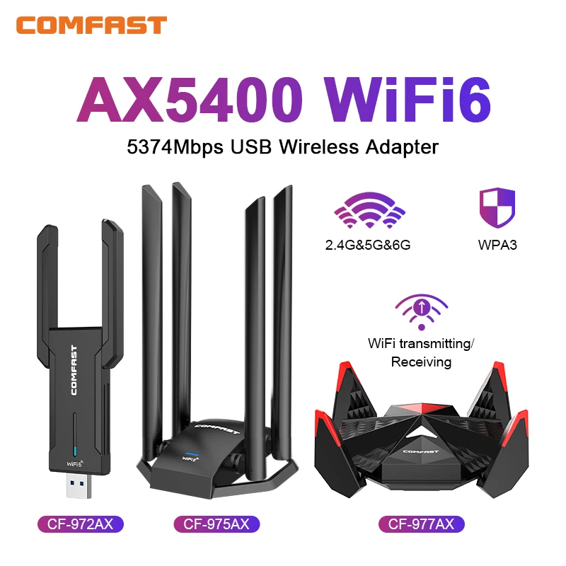 

COMFAST USB WiFi 6 Adapter 2.4G&5G&6G 5374Mbps USB3.0 Wireless Adaptador AX5400 Dongle WiFi6 Card Antenna for PC Laptop Win10/11