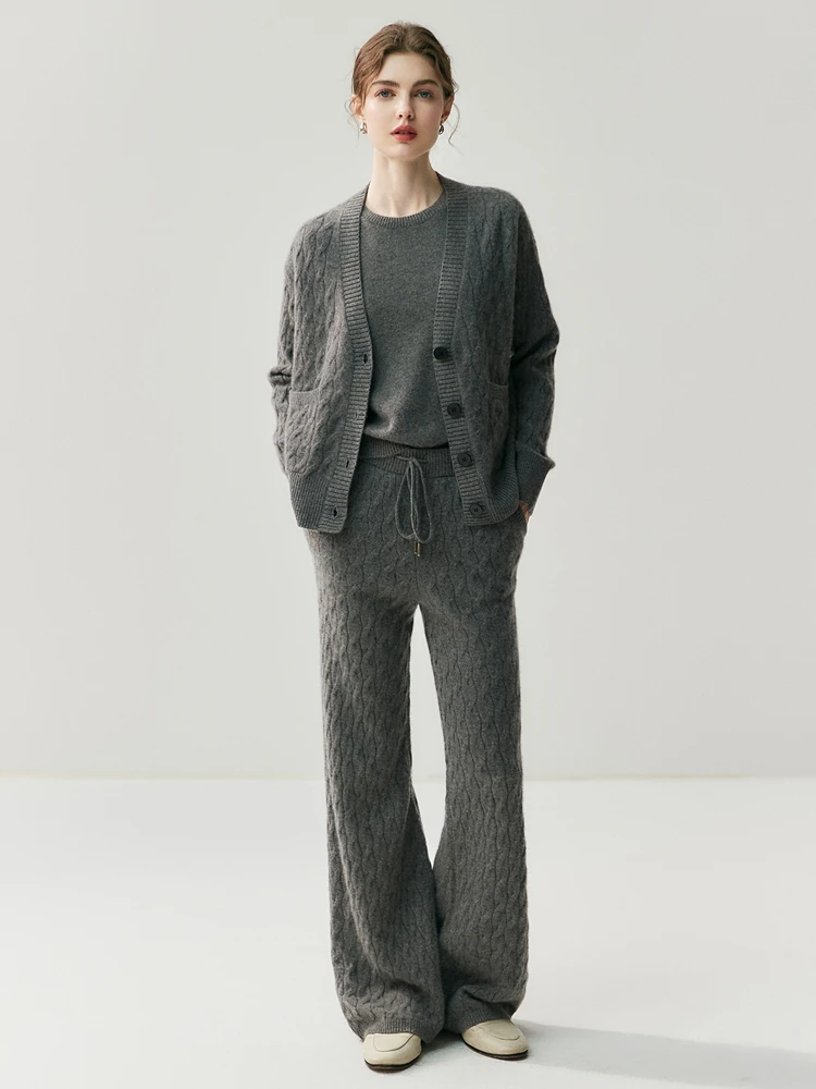 

CHICUU Women's 100% Cashmere Knit V-neck Cardigan Vest Wide Leg Pants Set Cable-knit Cashmere Knitwear Autumn Winter Cloth Set