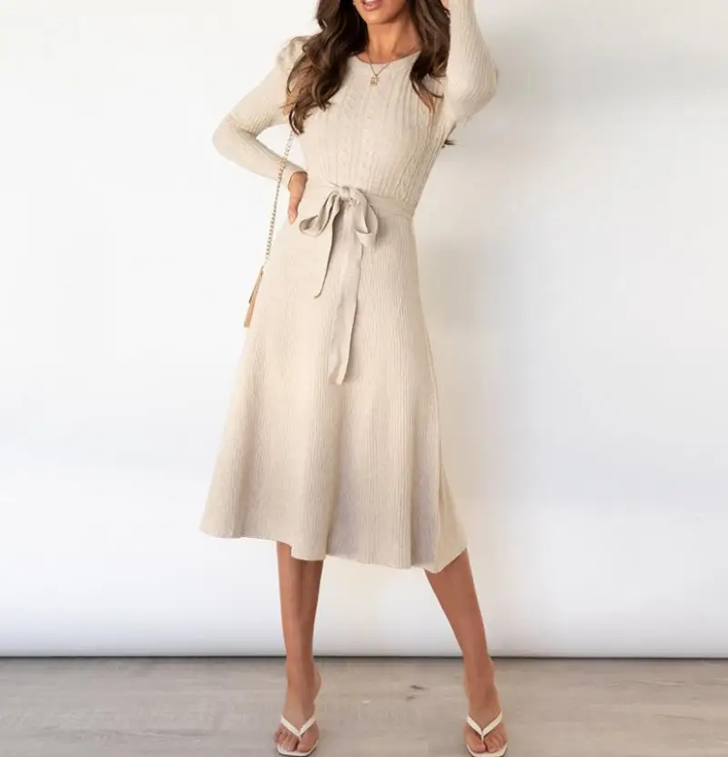 Elegant Women's Dresses Autumn Casual Solid Color O-Neck High Waisted Lace Up Long Sleeved Casual Loose Urban Women's Long Dress