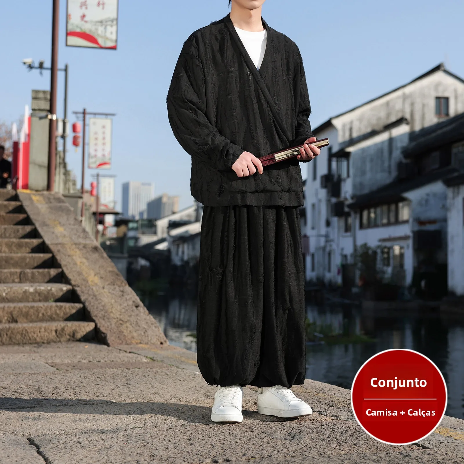 vintage-ice-silk-long-sleeve-t-shirt-set-men's-loose-fit-v-neck-hollow-out-design-casual-wear-polyester-fiber-spring-season