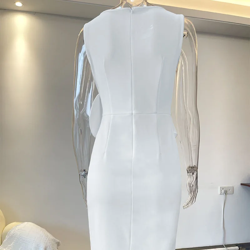 Sukienki Sexy Damskie Bez Rękawów z Wycięciami Letnia Elegancka Sukienka z Dekoltem O, Kokardą, Dopasowana Sukienka na Imprezę, Codzienna Sukienka Mini w Jednolitym Kolorze