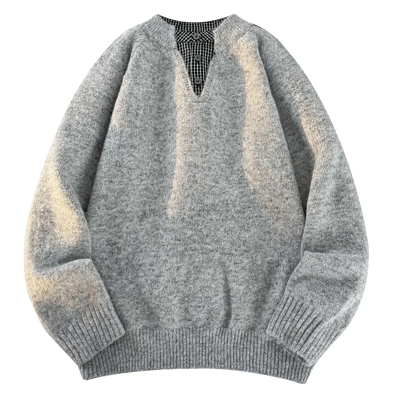 Mens Autumn Winter New Fake Two Piece Lapel Sweater Loose British Style All Match Knitwear Streetwear Pullover Tops