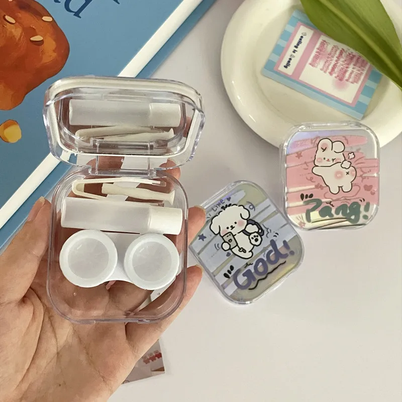 Cartoon Puppy Bunny Laser Contact Lens Box With Mirror Colorful Pattern Contact Lenses Container Travel Beauty Lens Storage Case