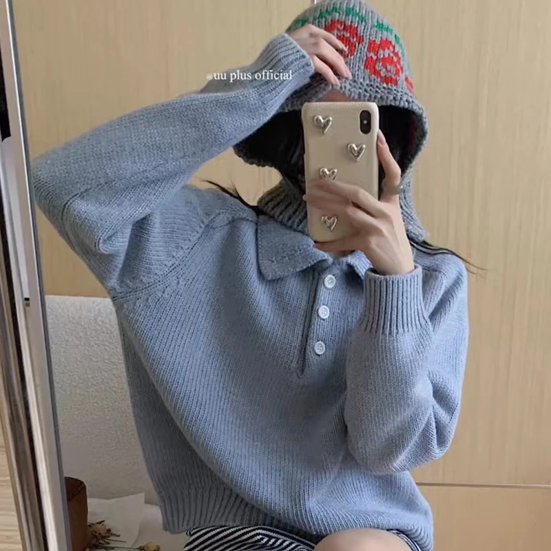 

Autumn Winter Turn-Down Collar Sweater for Women Casual Button Long Sleeve Knitwear Woman Soft Solid Warm Pullovers Mujer
