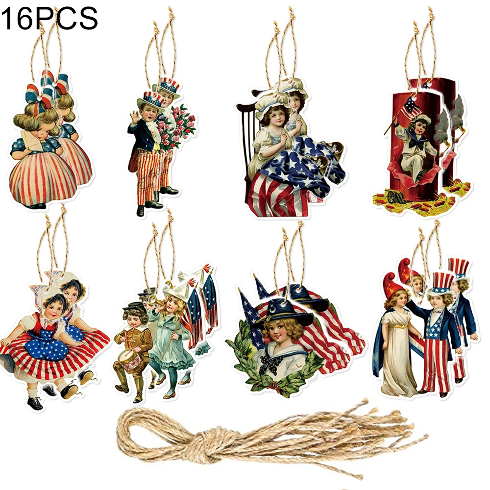 16Pcs Independence Day Hanging Ornaments Paper Cartoon Child Shape 4Th of July Tree Decor Home Party Supplies