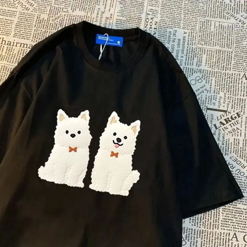 

Adorable Cartoon Samoyed Dog Print T-irt ex Women's 00% Cotton f Sve Cute Animal Patterned Top for Teen Girls