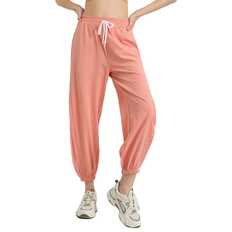 Primavera calças esportivas para fitness feminino fino solto amarrando calças de malha de secagem rápida correndo guarda-roupa calças de treinamento casual