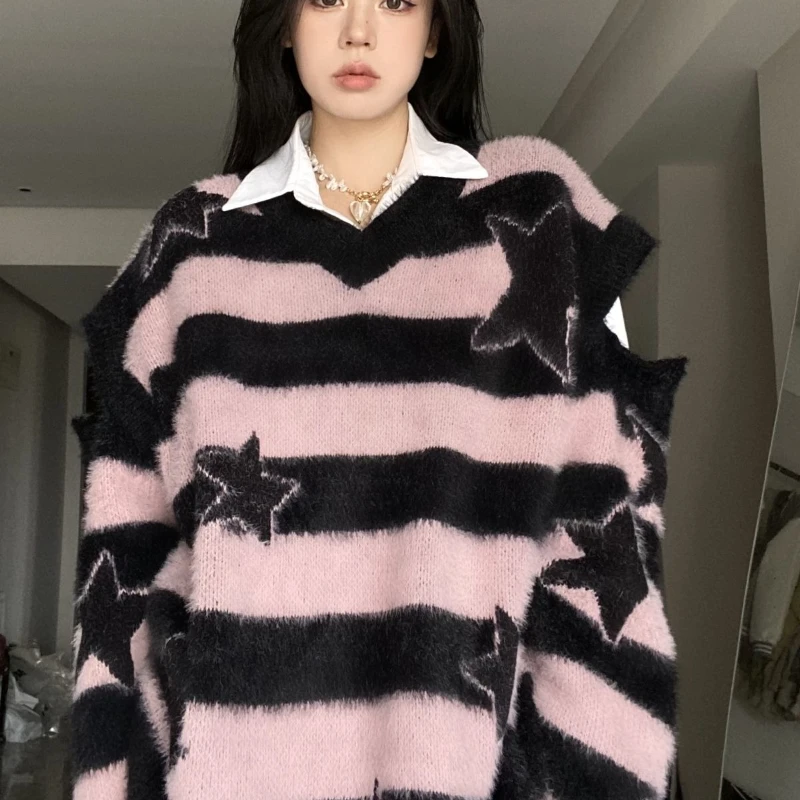 

Deeptown Y2k розовый полосатый женский свитер со звездным принтом Harajuku, черный вязаный пуловер со съемными рукавами в корейском стиле, консервативный стиль
