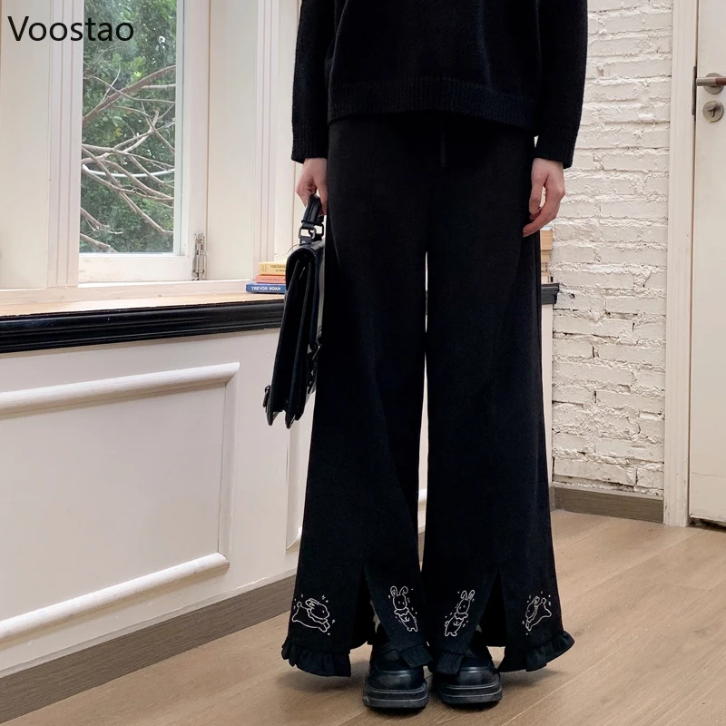 Japanese Harajuku Black Corduroy Wide Leg Casual Pants Women Y2k Rabbit Embroidery Loose Trousers Korean Girls Kawaii Sweatpants