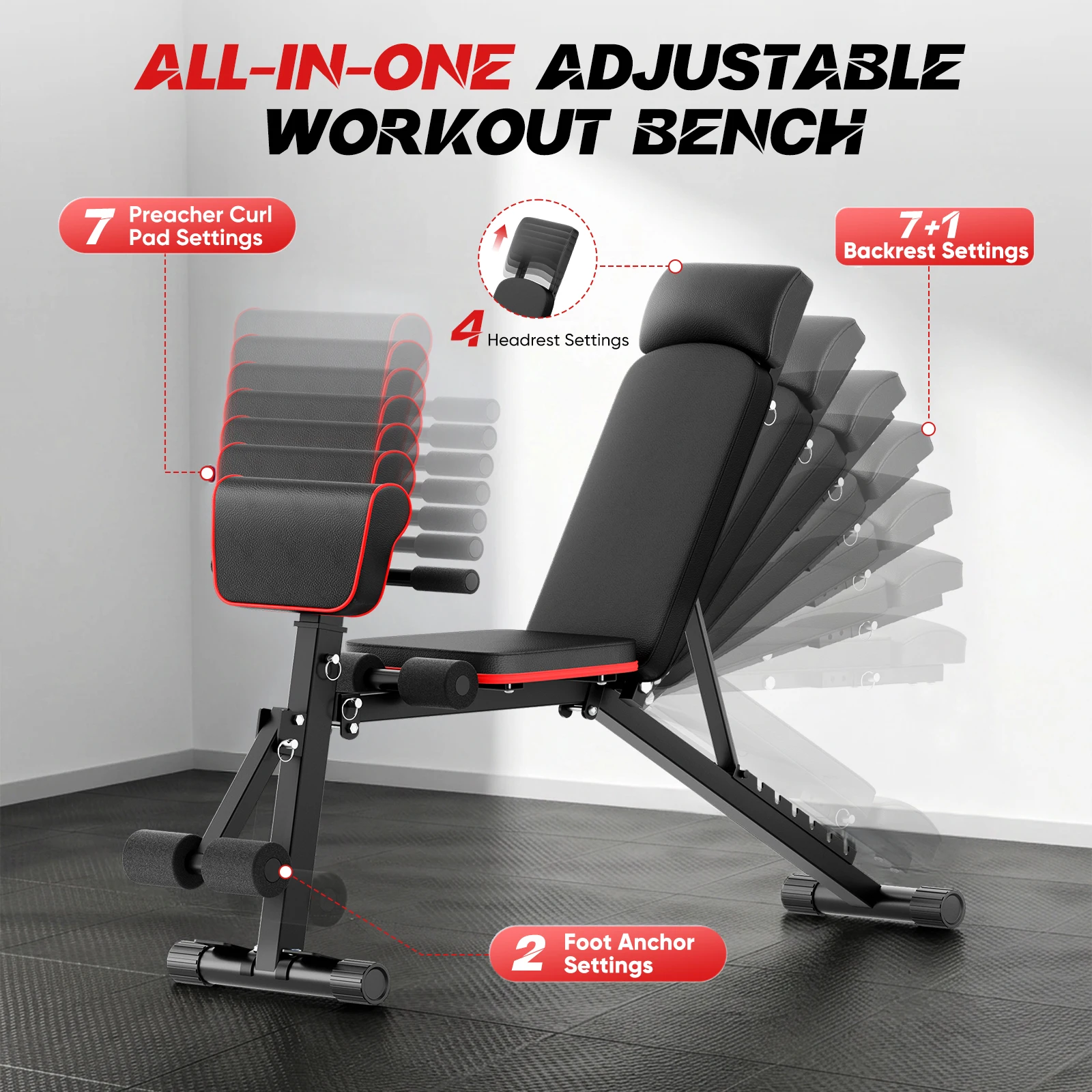 Verstellbare Hantelbank, Traglast 365 kg, zusammenklappbar, für Körpertraining, mit Widerstandsband, zum Heben und für Sit-ups, ideal für das Training zu Hause, um den gesamten Körper zu trainieren,
