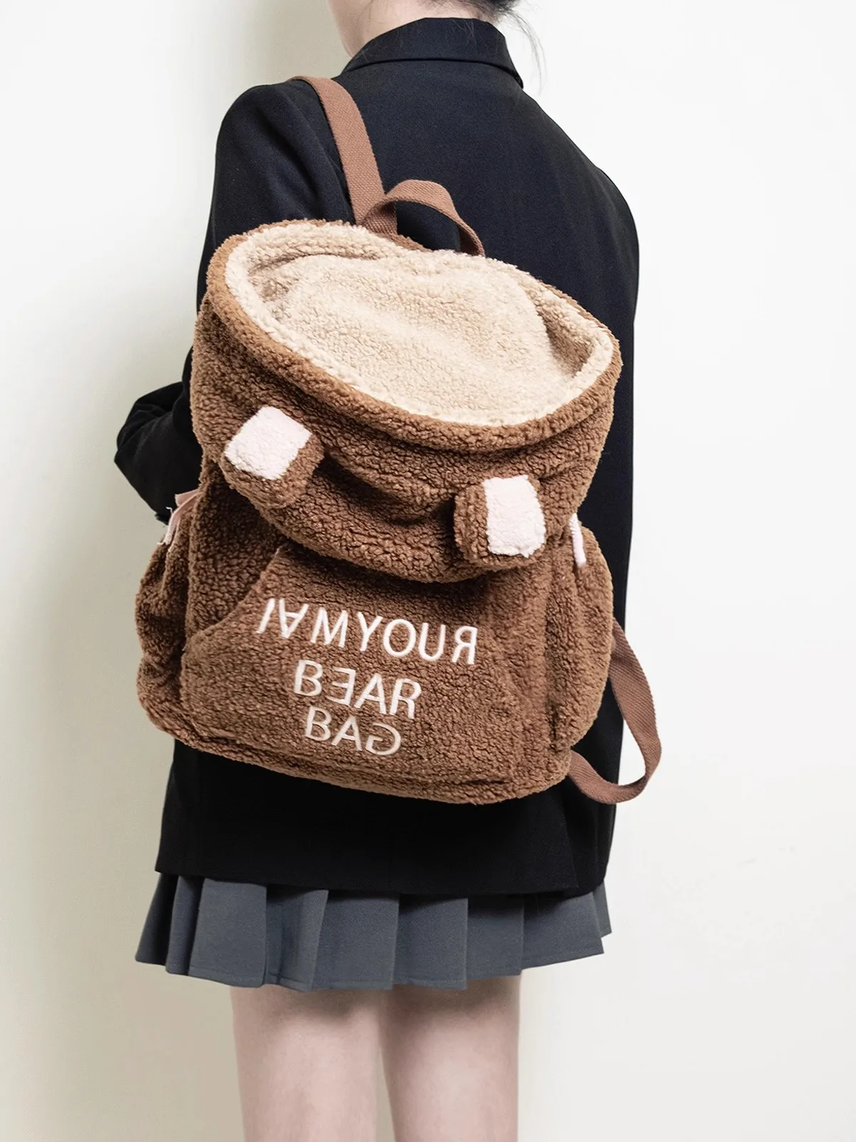 Couples Plush Contrasting Color Hat Backpack Winter Cute Cartoon Embroidery Large Capacity Lightweight Bookbag Winter Shoolbag