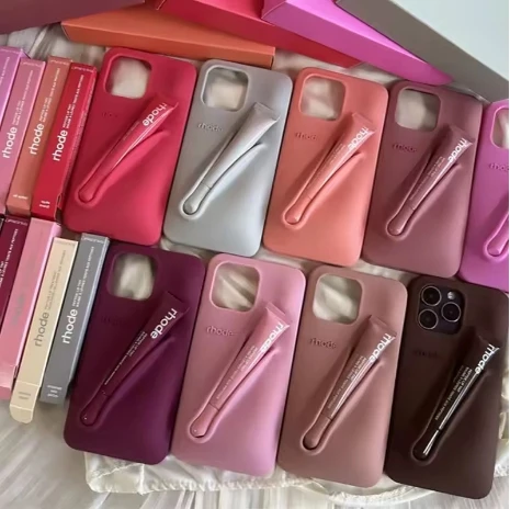 

9 Colour Lipstick Holder Rhode Silicone Case for iPhone 16 15 14 13 12 11 Pro Max Plus DIY Lip Gloss Portable Stand Cover Funda