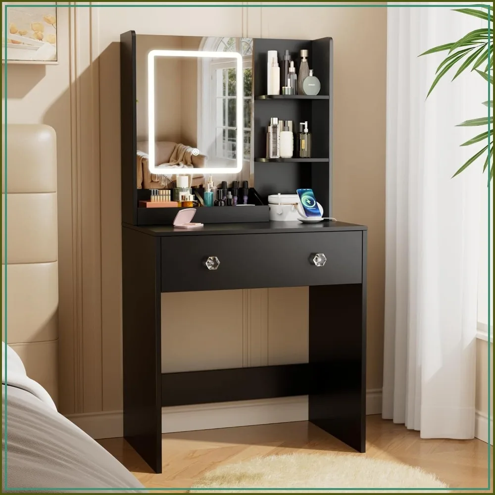 24 inch Small Vanity Desk with Lighted Mirror and Power Outlet for Bedroom