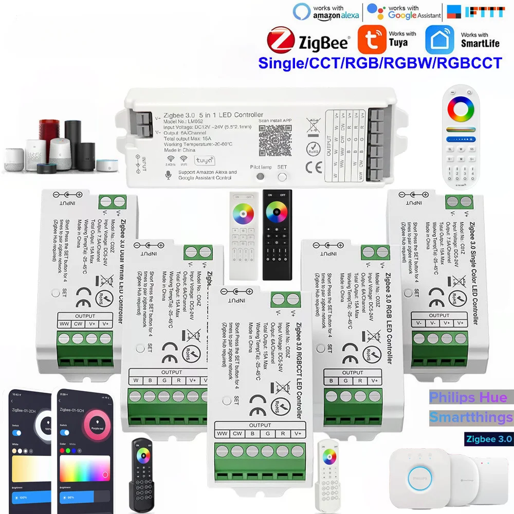 

LED Controller Zigbee 3.0 Tuya WIFI Alexa Google Home Voice Control CCT RGB RGBW RGBCCT LED Strip APP BT RF Remote 2.4G DC5V-24V