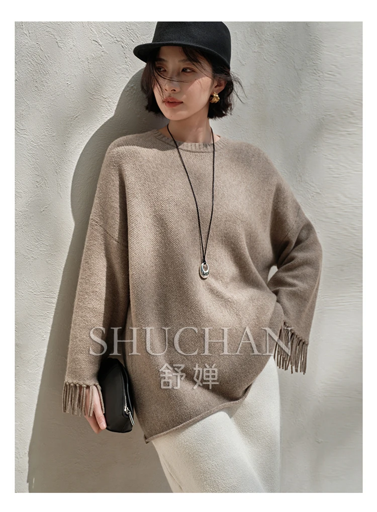

100 Pure Cashmere Sweater Women's Premium Design Sense Loose Lazy Wind Fringed Wool Knitted Sweater Top