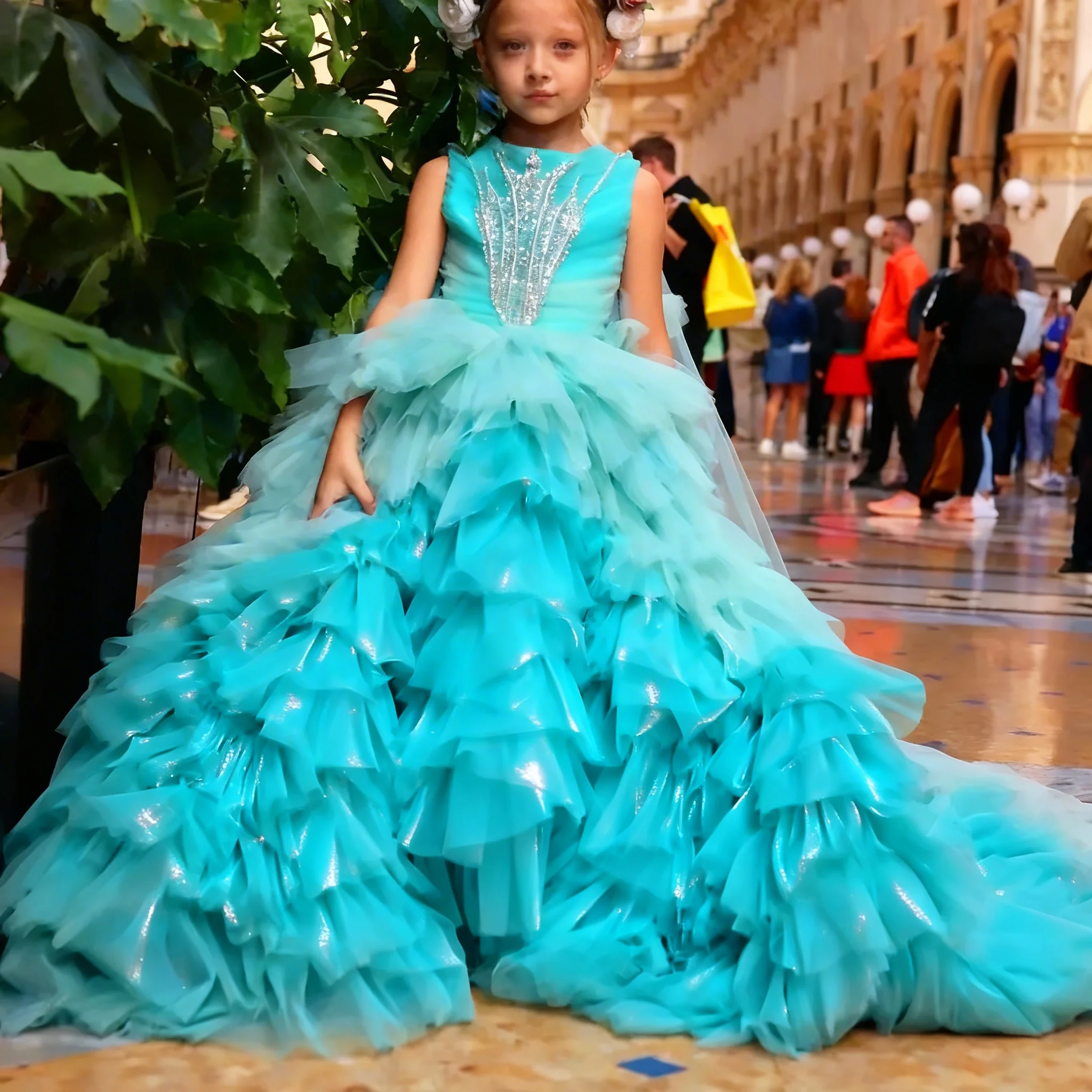 Customized Lace Tulle Flower Girl Dress Wedding Tiered Applique Floor Length Elegant Gown for Kids First Communion Pageant