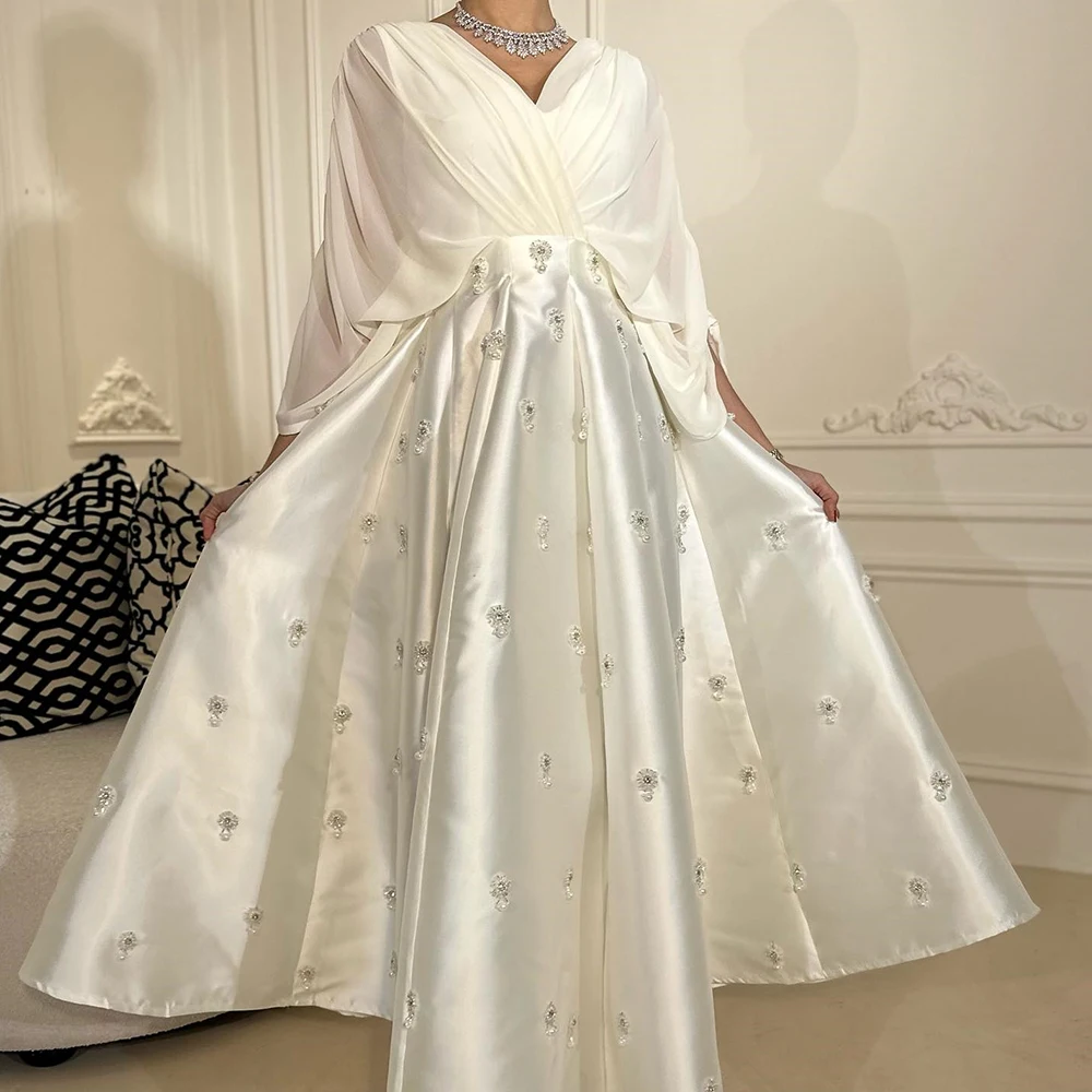 

Customized Graceful Ankle-Length Pleats Crystal Evening Dress Exquisite A-Line Satin Long Sleeves Party Dress Vestidos