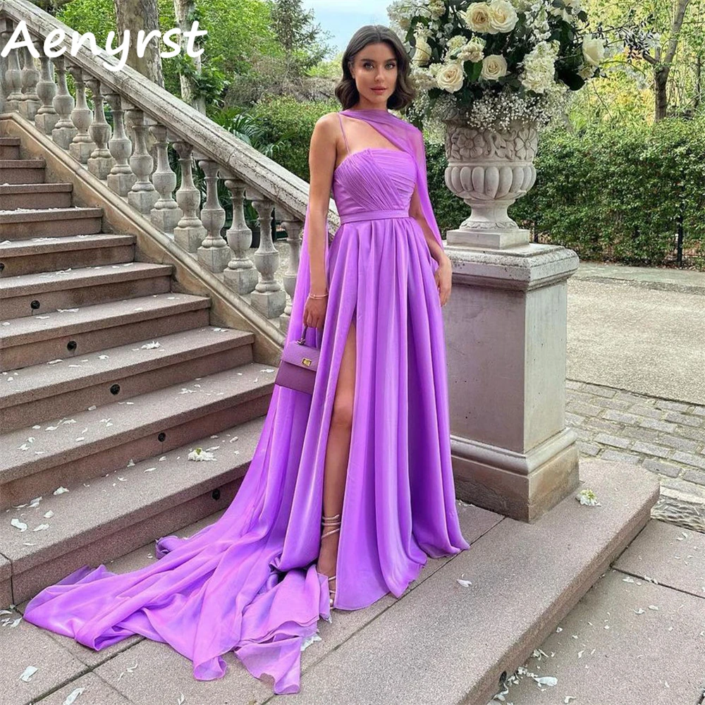 Aenyrst abiti da ballo con spalline sottili viola una linea di Chiffon con spacco laterale con scialle abiti da sera per feste abito da vacanza lungo fino al pavimento