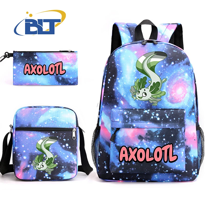 Cute Axolotl Printed Student Schoolbag Youth Backpack Shoulder Bag Pencil Bag 3-piece Set Kids Gift