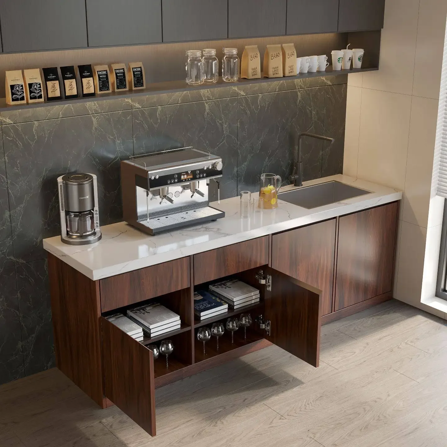 Integrated cabinet with sink Commercial milk tea shop Balcony Marble cutting and washing table
