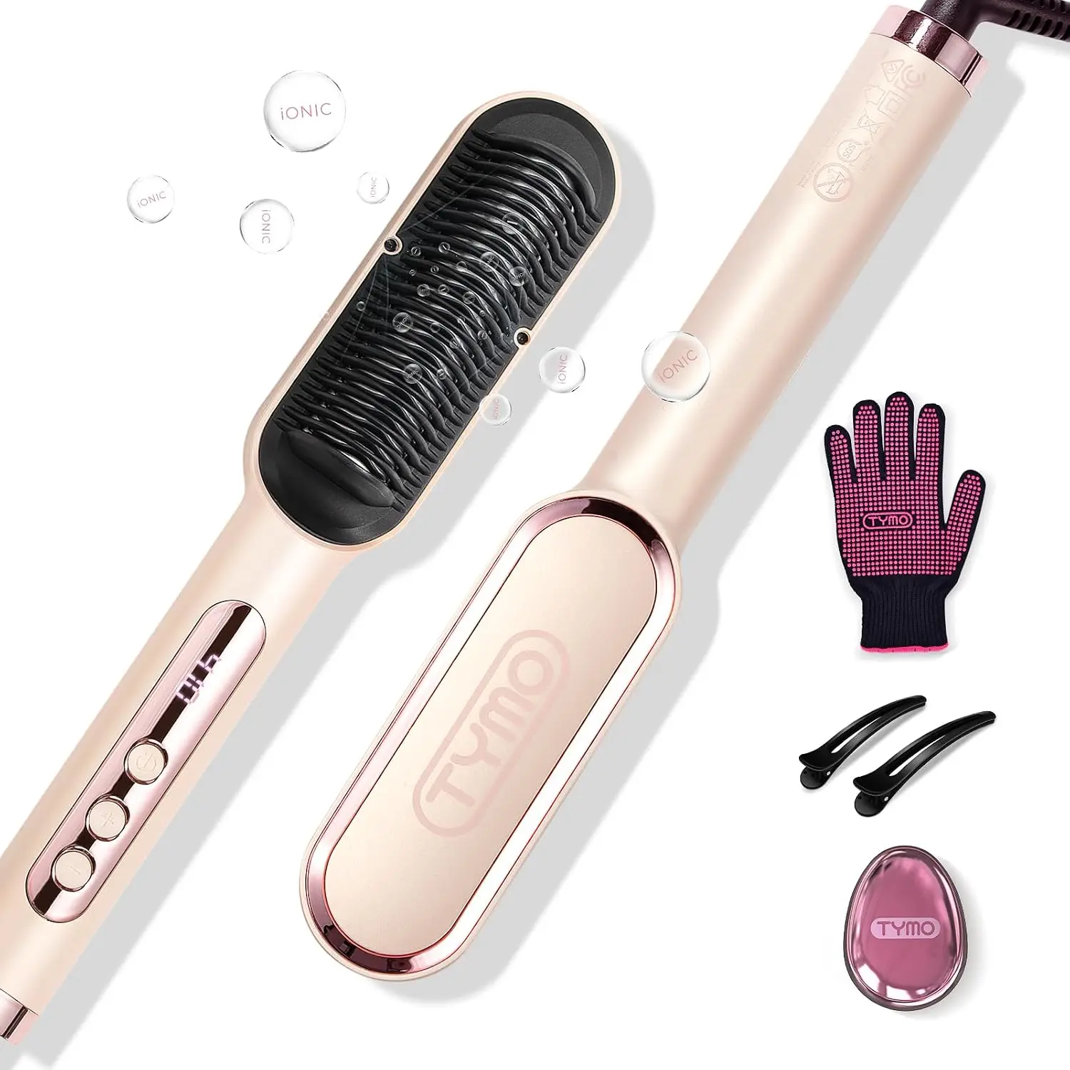 

Ionic Hair Straightener Brush - 9 Temp Settings, LED Display, Dual Voltage, Anti-Scald, Auto Shut Off, Gold Blush