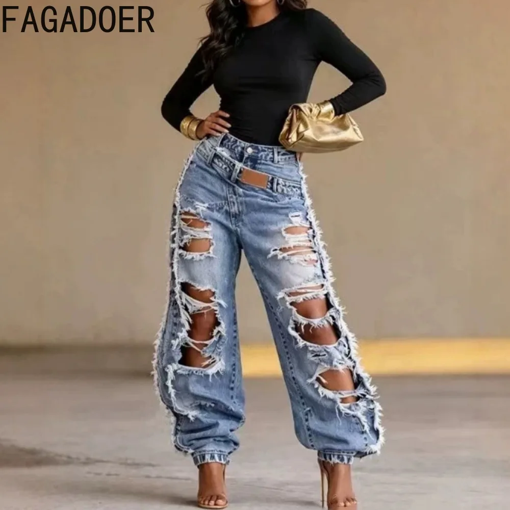 FAGADOER Sexy Ripped Baggy Jeans For Women High Waist Double Waistband Distressed Denim Pants Elastic Cuff Loose Fit Streetwear