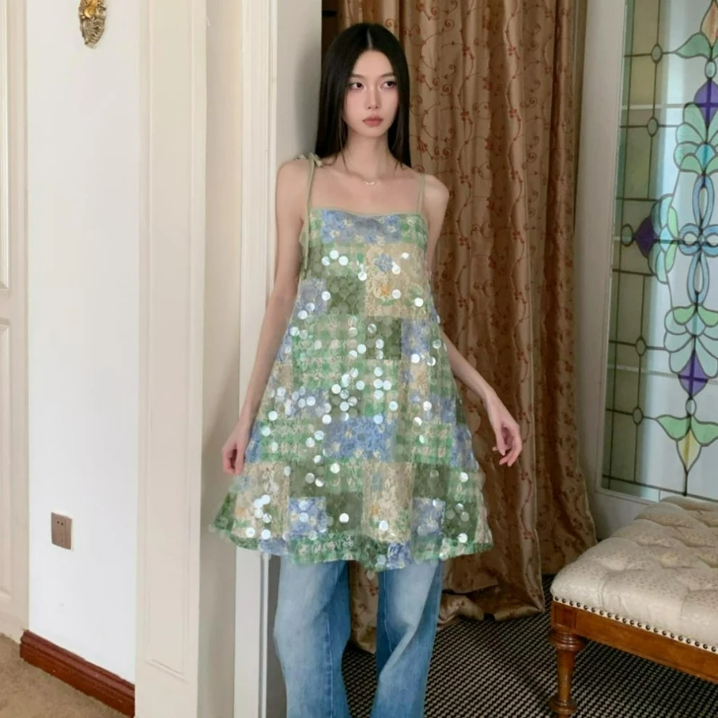 Heavy Industry Sequin Camisole Lace Dress for Women 2026 Summer New Style Fashion Korean Version Green Niche Design Short Skirt