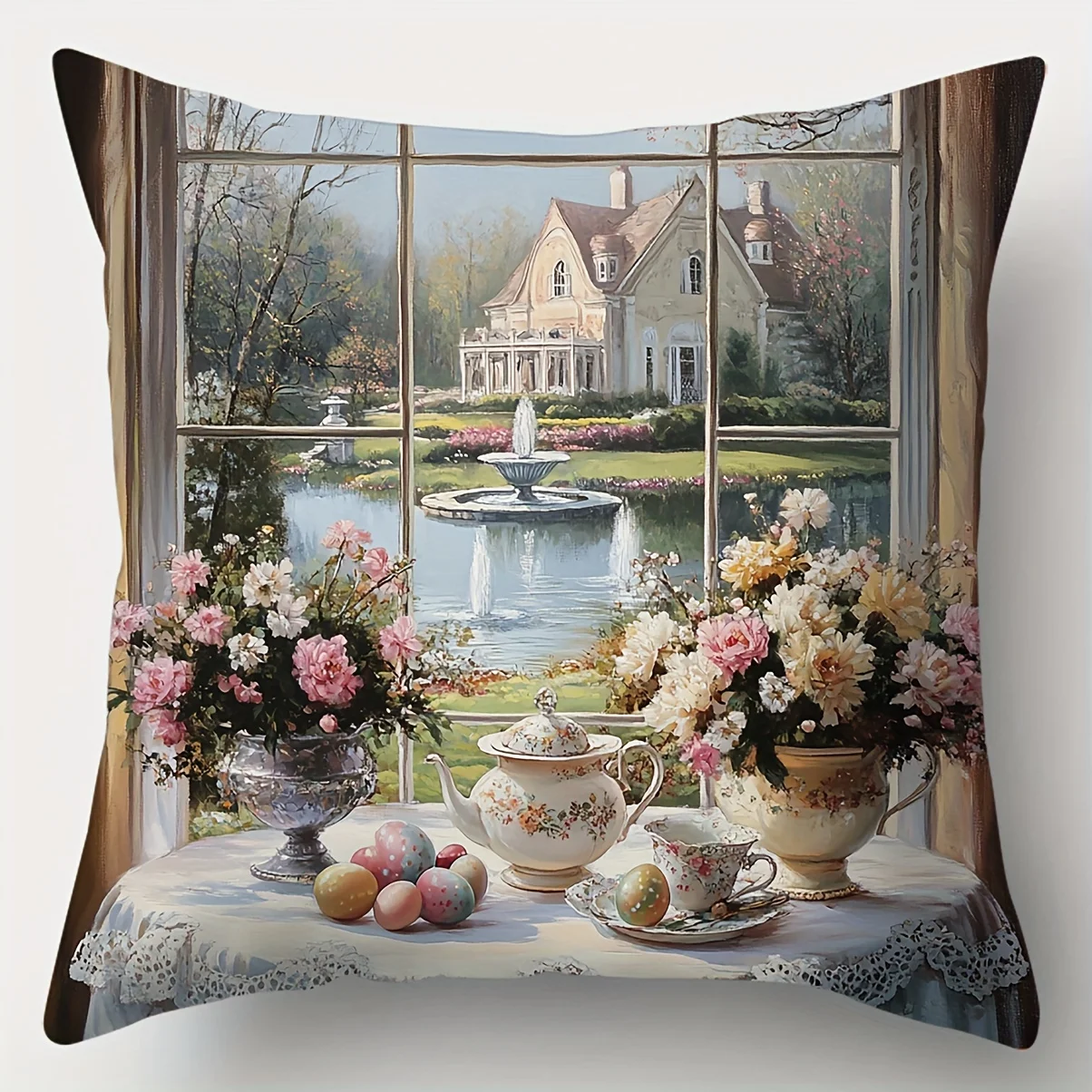 Vintage English Garden Scene Window View Throw Pillow Covers Set - Cottagecore Aesthetic Decor for Living Room