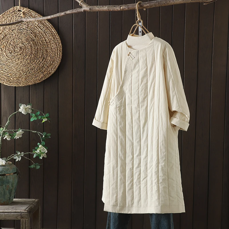 

Thickened Cotton Linen Original Tea Costume Side Buttoned One-Piece Winter Dress with Buttoned Robe Pure Color