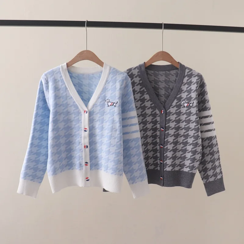 Autumn New Houndstooth Puppy EmbroideryVCollar Long Sleeve Knitted Cardigan Sweater Coat Slim Fit