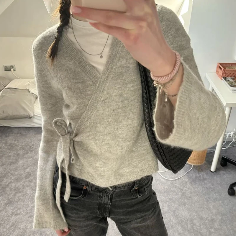 

Elegant V Neck Knit Cardigan T-shirt Solid Color Wrap Tie Side Crop Sweater Fall Long Sleeve Slim Fit Tees Women Vintage Clothes
