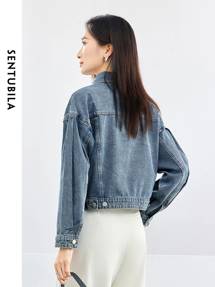 SENTUBILA Spring Fashion Polo Collar Cotton Cropped Denim Jacket 2024 Casual Single Breasted Long Sleeve Jean Coat W41W53227