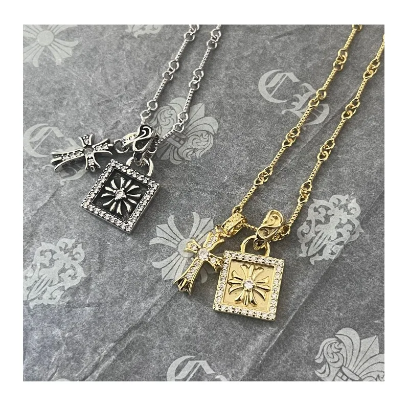 

Gold Vintage Diamond Cross Flower Small Square Necklace Trendy Cool Hip Hop Men's and Women's Versatile Cross Necklace