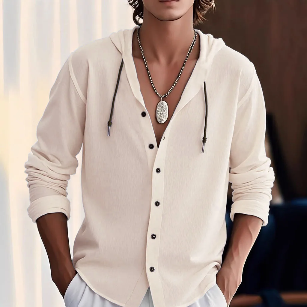 Men's Long Sleeve Shirts Hooded Design Solid Color Cotton Cozy Tops Breathable Lightweight Male Stylish Shirts