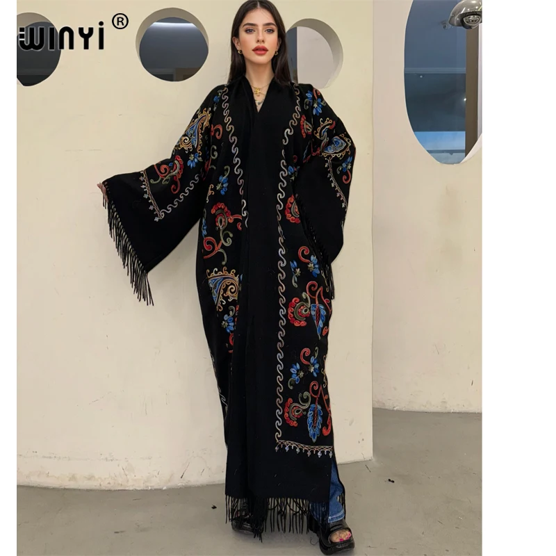 WINYI Winter Women tassel Pashmina Embroidery Long Coat muslim woman dresses robe abaya dubai luxury Middle East Female KIMONO