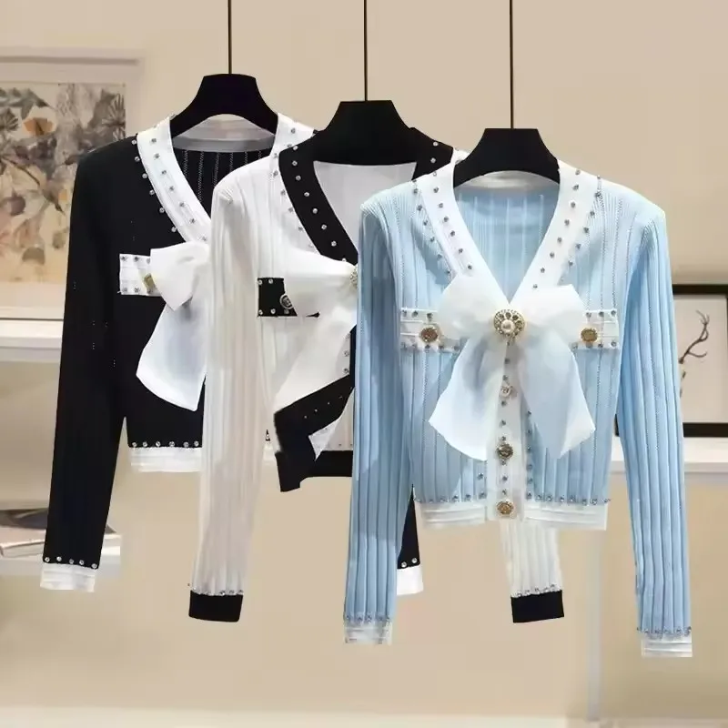 Elegant V-Neck Knitted Top Women Autumn New Bowtweed Small Fragrance Cardigan Short Jacket Thin Ladies Fashion Sweater Knitwear