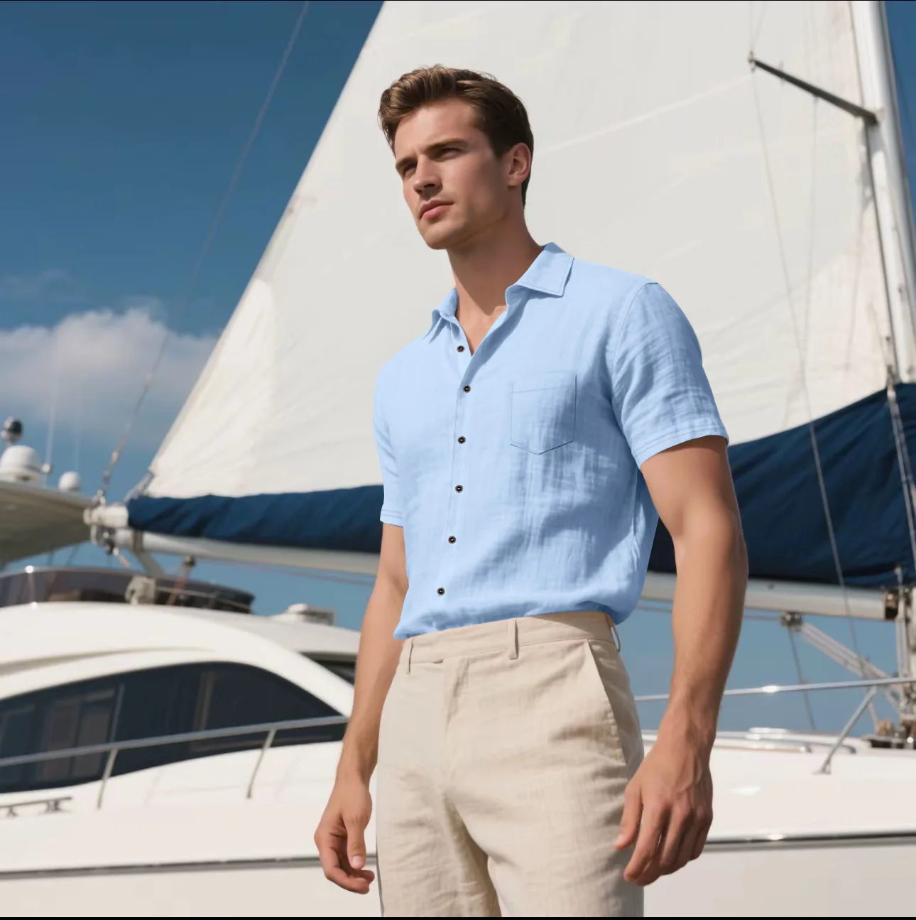 

Men's Premium Textured Linen - Look Shirt | Short Sleeve Camp Collar | Button Down with Chest Pocket | Ideal for Beach & Vacatio