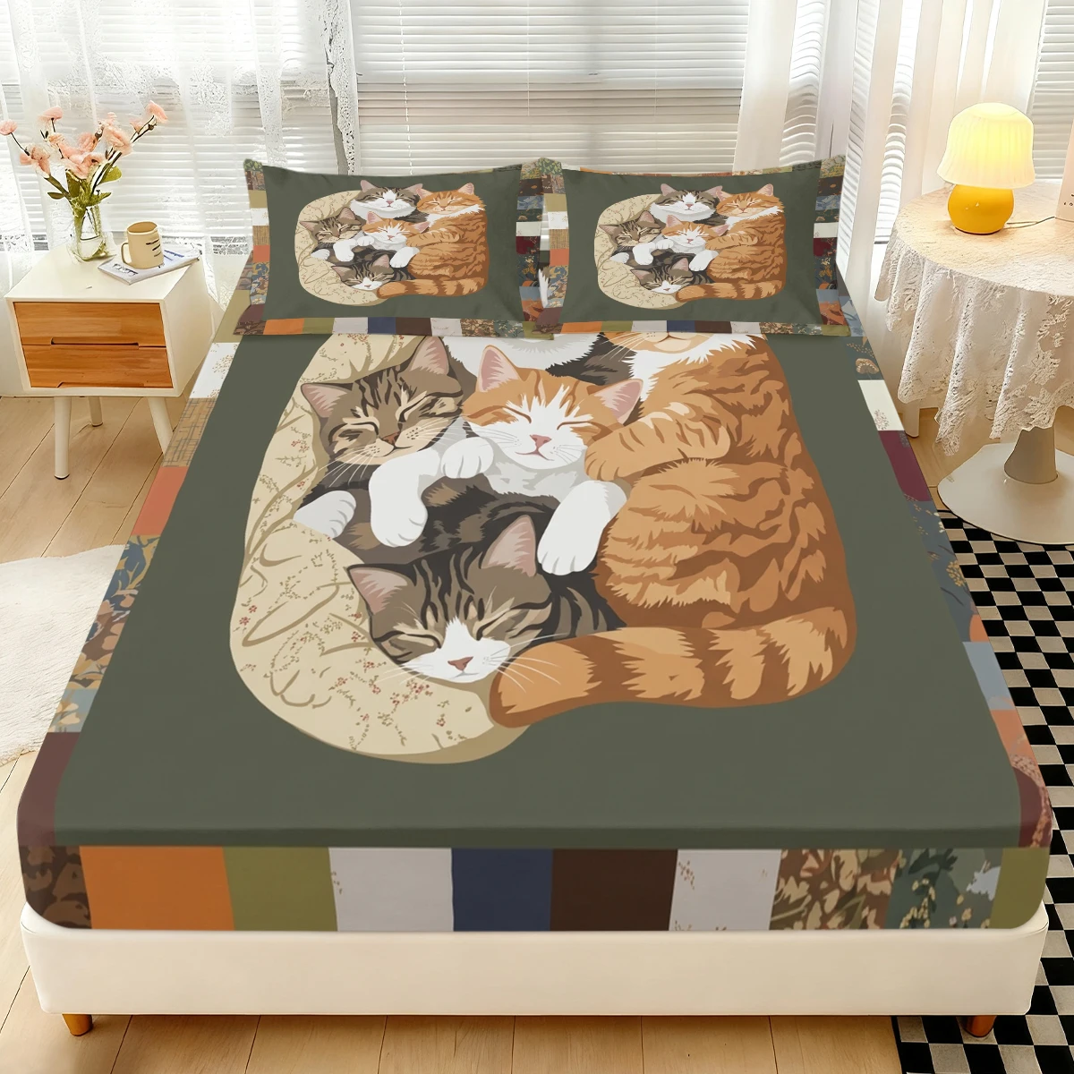 Warm Olive Tone Stacked Kitten Fitted Sheet 3PCS, Vintage Patchwork Color Block Edge Multi Cat Pattern Elastic Mattress Cover