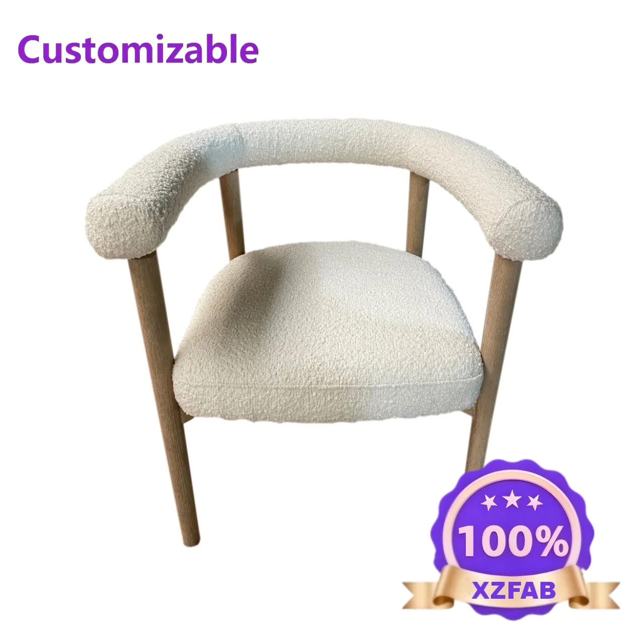 Factory Direct 2026 # Nordic Style Wooden Dining Chair White Teddy Velvet Cushion Wooden Leg Curved Backrest Dining Chair