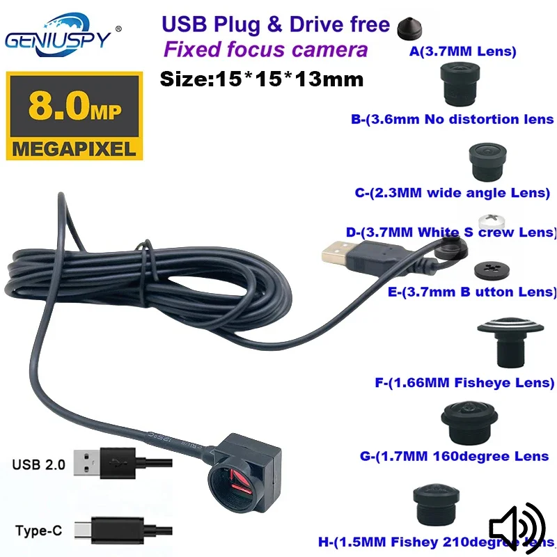 

HD 8MP 4K UVC USB Camera 15*15mm Micro Size Type C USB Webcam CCTV Microphone OTG Micro Camera For PC Laptop Android