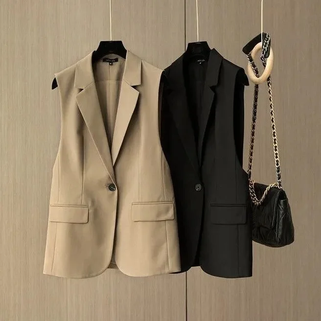Women Sleeveless Blazer Vest Lapel Single Button Solid Suit Waistcoat Office Casual Outerwear With Pocke
