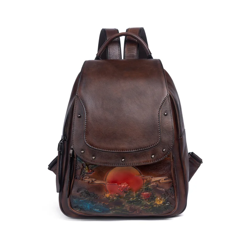 Retro Genuine Leather Backpack Women Handmade Embossed Vintage Bag Chinese Style Ladies Cowhide Backpack