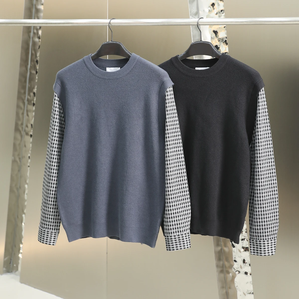 

Модный мужской вязаный свитер с круглым вырезом, в клетку, с пэчворком, мягкий, гладкий, осенне-зимний, из полиэфирного волокна, прямого кроя, деловой стиль