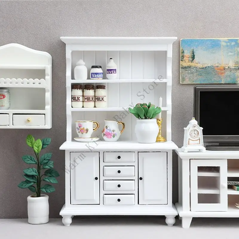 

1:12 Scale Dollhouse Living Room Miniature Cupboard Bookshelf Kitchen Wooden Mini Double Doors Cabinet wth Drawers Model