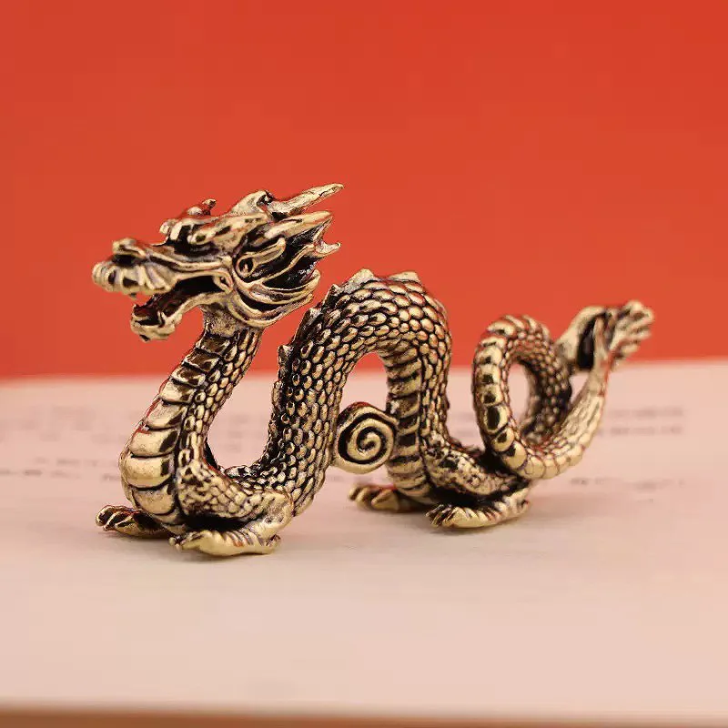 Solid Brass Zodiac Dragon Small Statue Desktop Ornament Chinese Mythical Beast Figurines Retro Home Feng Shui Decorations Crafts