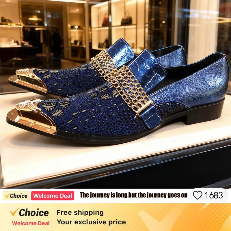 

New metal head men's shoes crocodile pattern blue patent leather gold chain business wedding party flat shoes men.