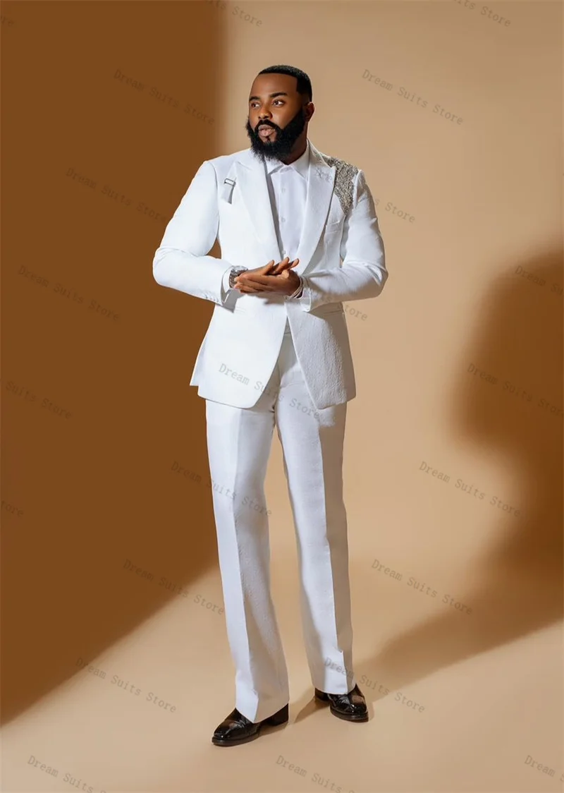 

White Groom Men Suit Set 2 Piece Crystals Blazer+Pants Trousers Customized Formal Business Office Jacket Wedding Tuxedos Coat