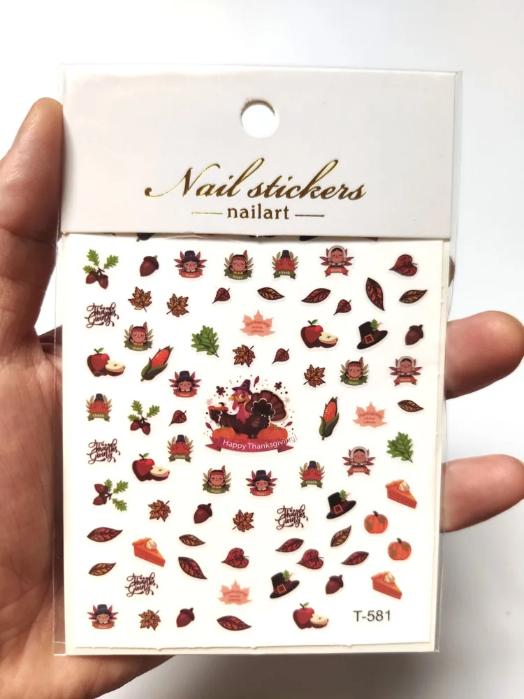 Pegatina 3D para decoración de uñas, calcomanías adhesivas con 5 diseños de hoja de arce, calabaza, pavo, Día de Acción de Gracias, otoño