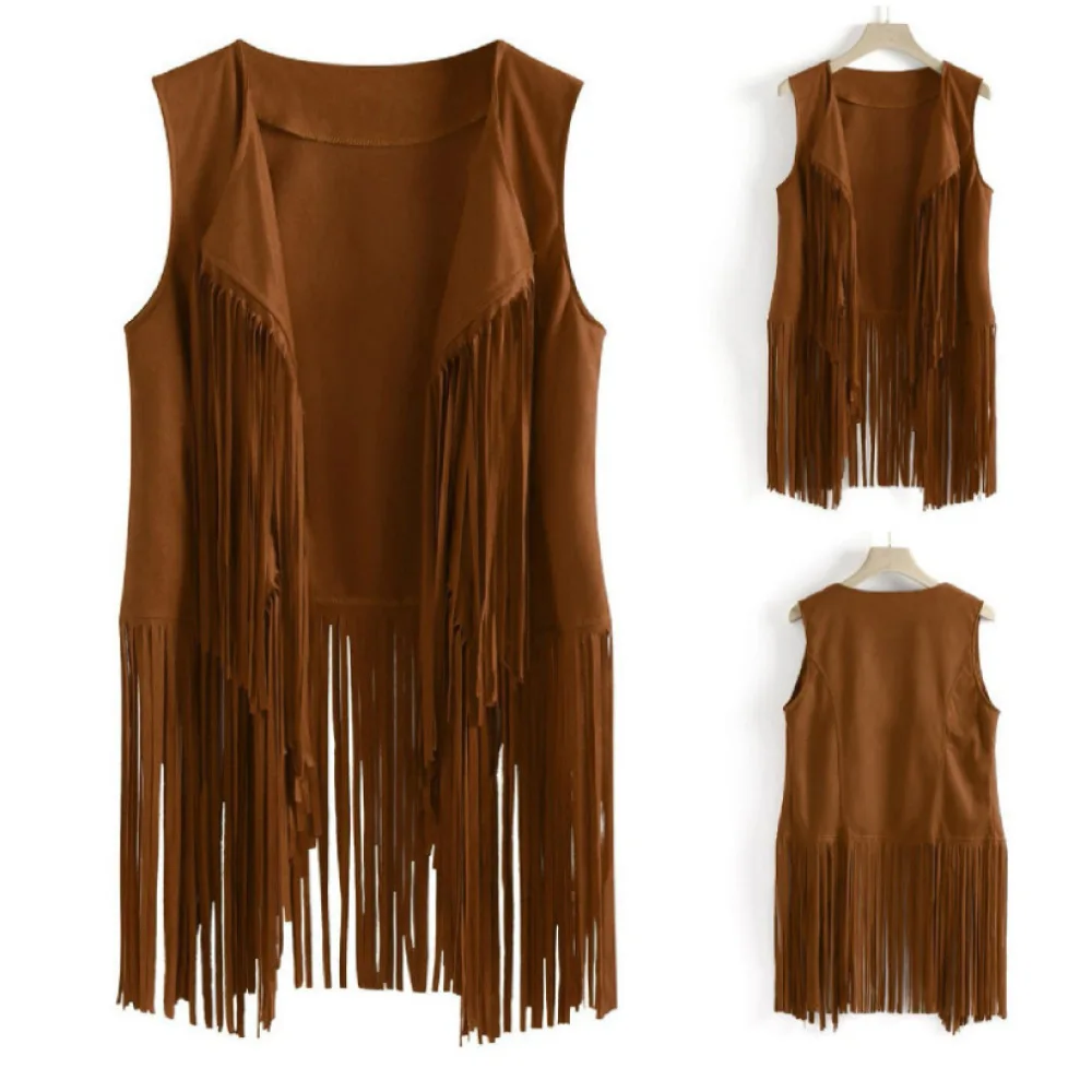 Boho Women Suede Fringe Vest Sleeveless Open Cardigan Trendy Streetwear Loose Coat Casual Fall Spring Fashion Outerwear