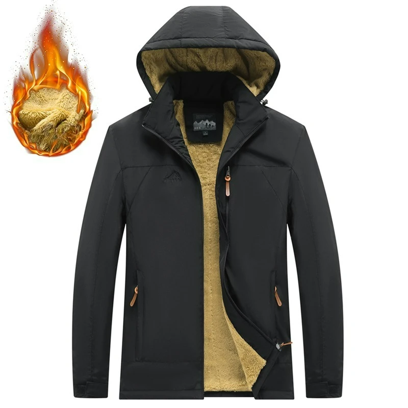 

Outdoor Casual Windproof Jacket For Men Autumn Winter Mid-Length Minimalist Cut Solid Color Style Wool Lined Hooded Cotton Coat